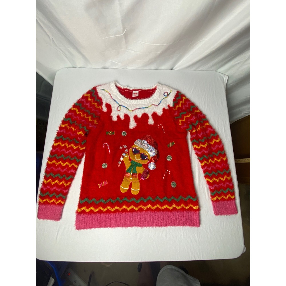 Fuzzy Red Christmas Sweater Gingerbread Man Sequins Candy Holiday Party XL‎